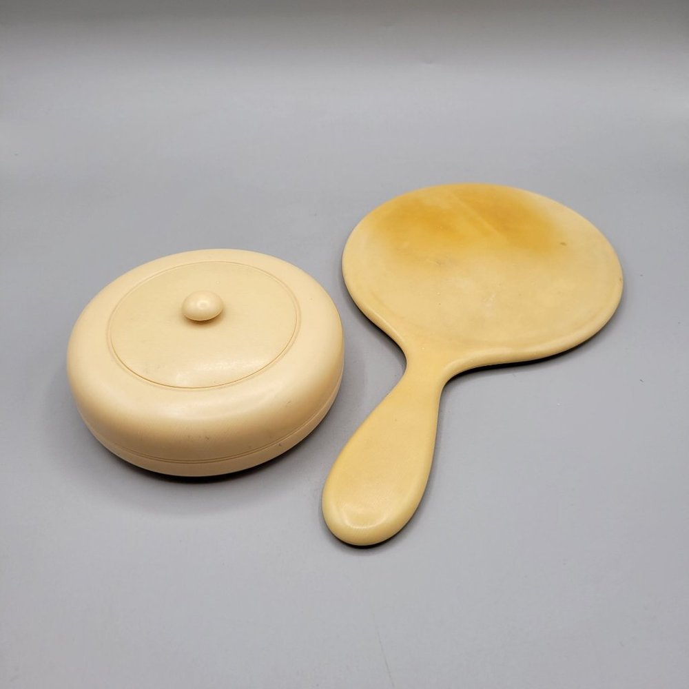 French Ivory Celluloid Beveled Hand Mirror and Powder Jar Vanity Dresser Set